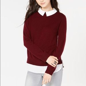 Simon’s burgundy shirt with built-in white blouse